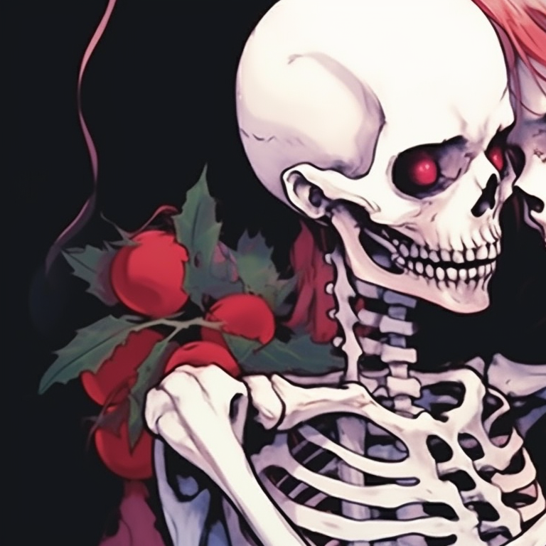 Two skeletons sharing a loving gaze, primarily monochrome palette with pops of holiday colors. skeletons kissing under mistletoe - matching christmas pfp pfp for discord.