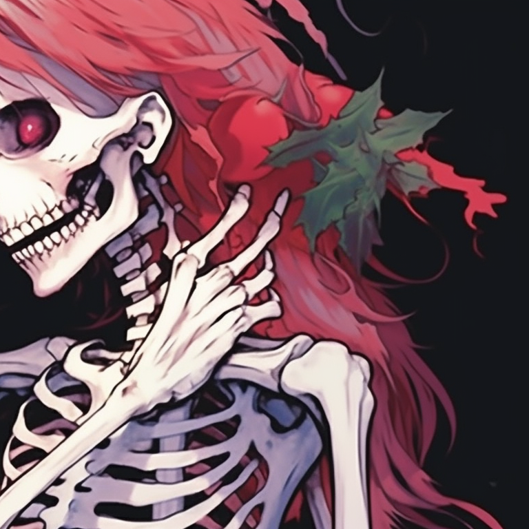 Two skeletons sharing a loving gaze, primarily monochrome palette with pops of holiday colors. skeletons kissing under mistletoe - matching christmas pfp pfp for discord.