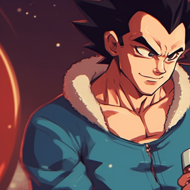 Close-up of Bulma and Vegeta in a winter scene, snowflakes detailing, soft colors and romantic mood. vegeta and bulma dragonball christmas pfp pairing pfp for discord.