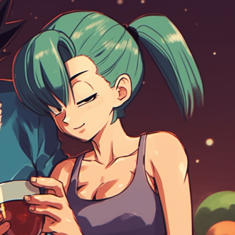 Close-up of Bulma and Vegeta in a winter scene, snowflakes detailing, soft colors and romantic mood. vegeta and bulma dragonball christmas pfp pairing pfp for discord.