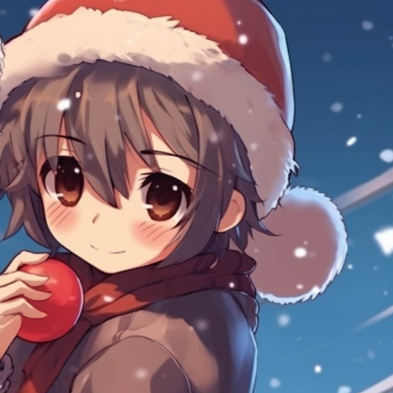 Two characters exchanging gifts, soft colors and festive atmosphere. festive matching anime christmas pfp pfp for discord.