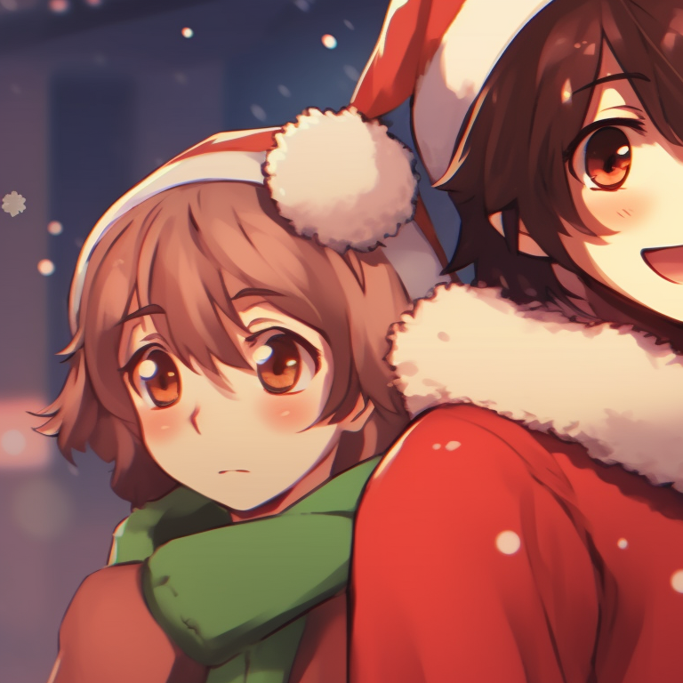 A group of four characters dressed in festive clothing, a common theme of warm colors and soft shading. fun-friend group matching christmas pfp pfp for discord.