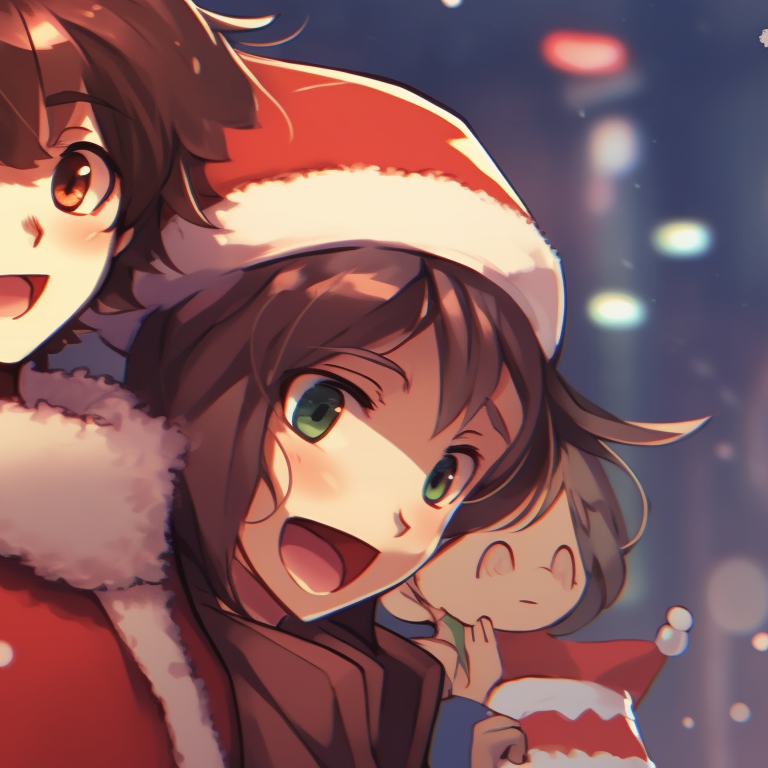 A group of four characters dressed in festive clothing, a common theme of warm colors and soft shading. fun-friend group matching christmas pfp pfp for discord.