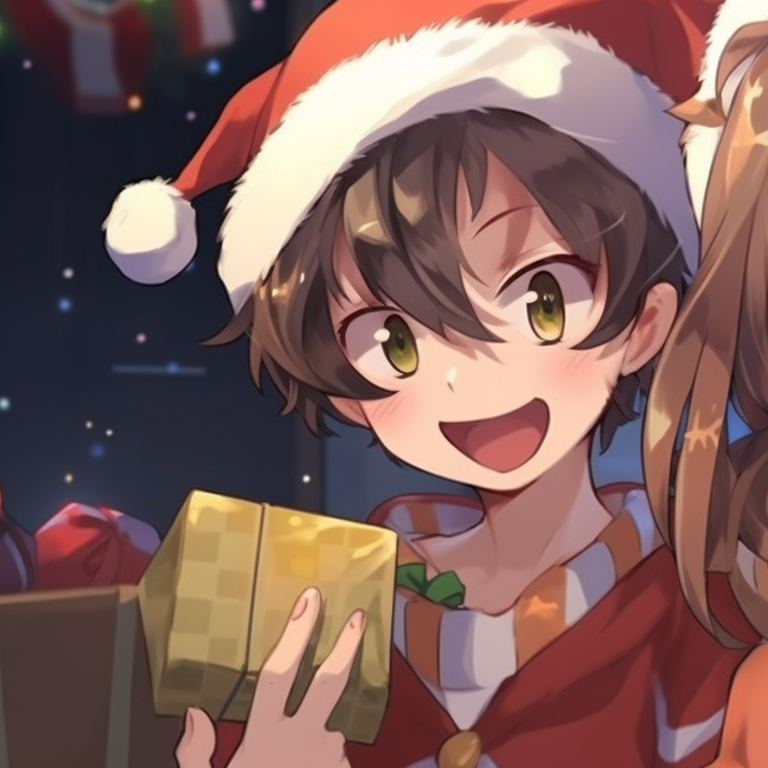 Two characters outside on a cold Christmas evening, one character handing a gift to other, icy blue tones dominant. eye-catching matching christmas pfp for discord pfp for discord.