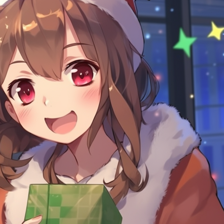 Two characters outside on a cold Christmas evening, one character handing a gift to other, icy blue tones dominant. eye-catching matching christmas pfp for discord pfp for discord.