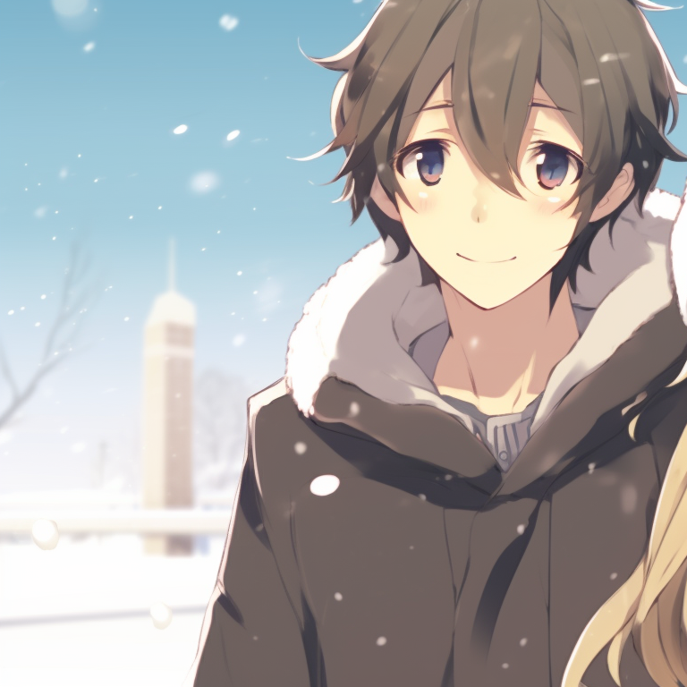 Two characters in old-fashioned Christmas attire, vibrant colors, singing carols by a well-lit house. anime inspired matching christmas pfp gif pfp for discord.