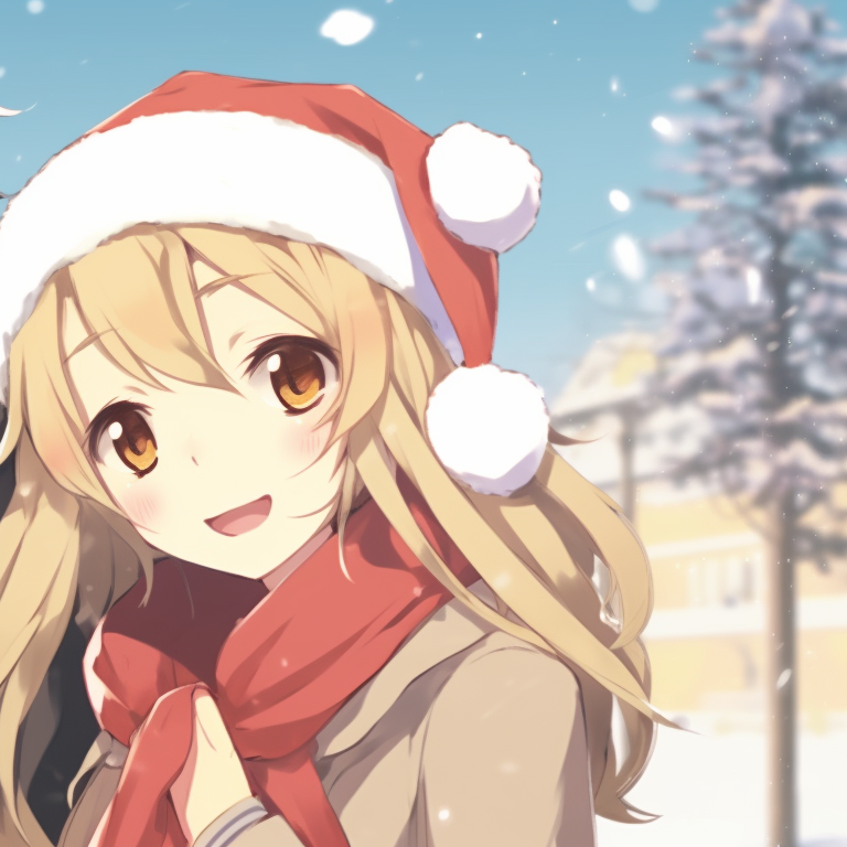 Two characters in old-fashioned Christmas attire, vibrant colors, singing carols by a well-lit house. anime inspired matching christmas pfp gif pfp for discord.
