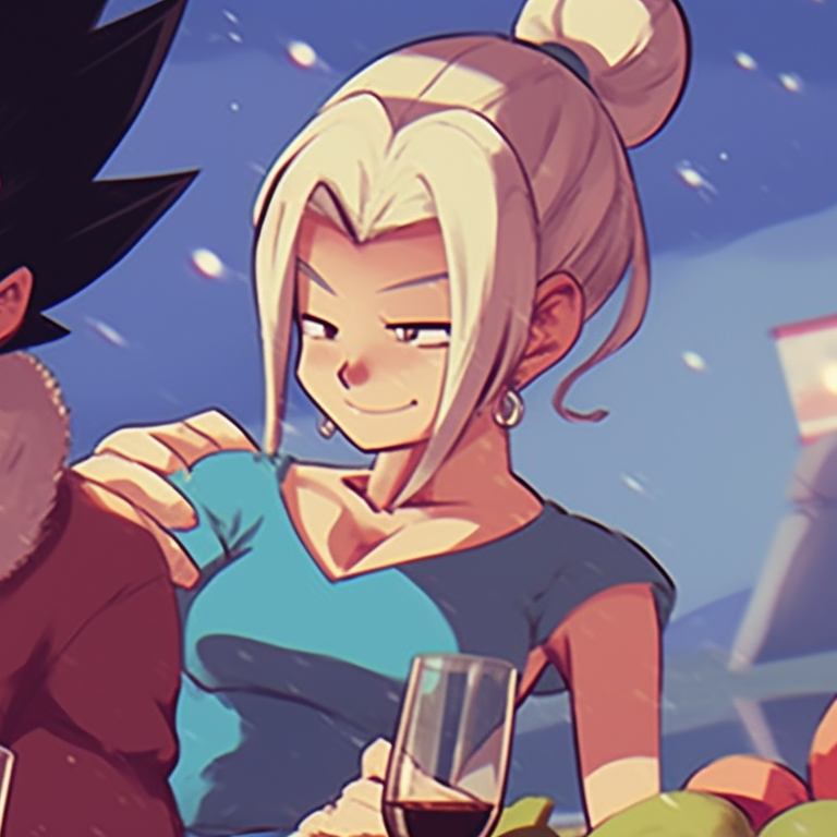 Vegeta in combat pose, Bulma in a prayer pose, both in Christmas attire, stark detail and strong contrast. vegeta and bulma dragonball christmas pfp pairing pfp for discord.