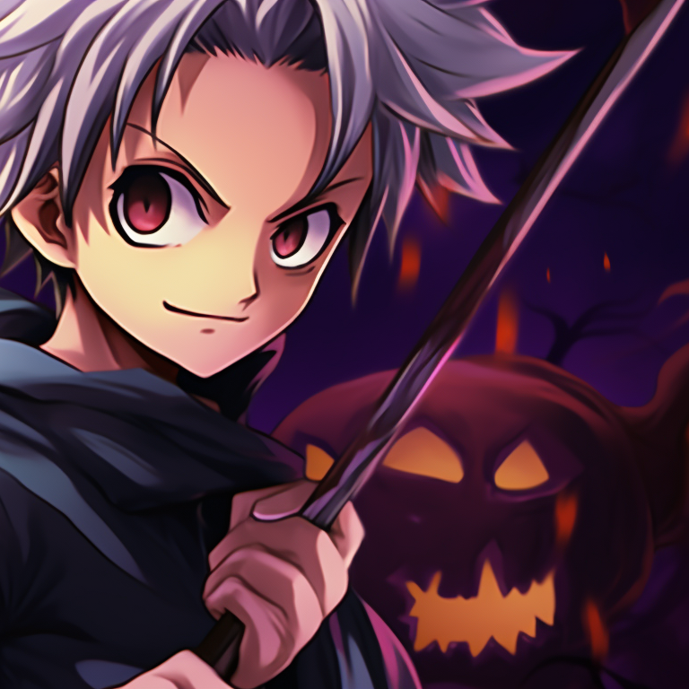 Two characters dressed as a vampire and a witch, profile picture in night setting featuring a pumpkin. hunter x hunter matching pfp halloween theme ideas pfp for discord.