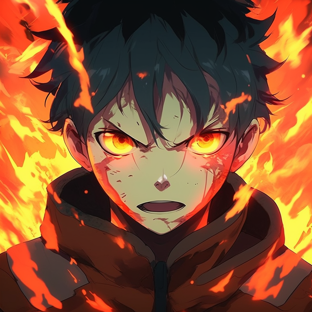 Action shot of a fiery anime character, dynamic pose and bold outline. top fire anime pfp