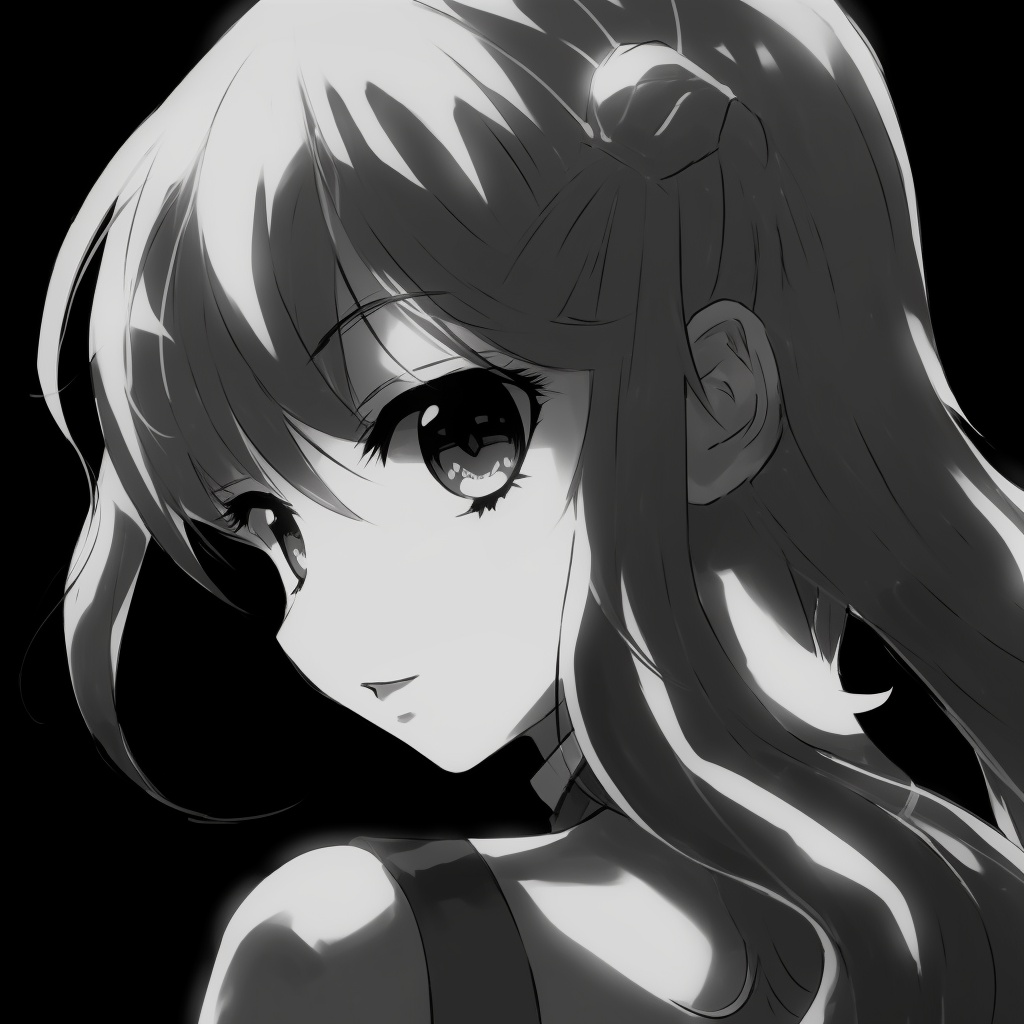 A close-up of an anime girl's face in black and white, her detailed eyes and facial features are expressive and finely drawn. black and white anime girl profile picture
