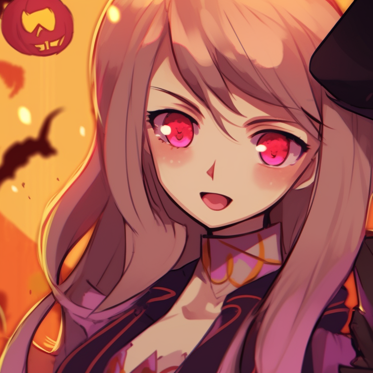 Denji and Power in Halloween-themed attire, dark color palette with pops of vibrant orange and purple. Denji as a vampire and Power as a witch. matching pfp halloween theme with denji and power pfp for discord.