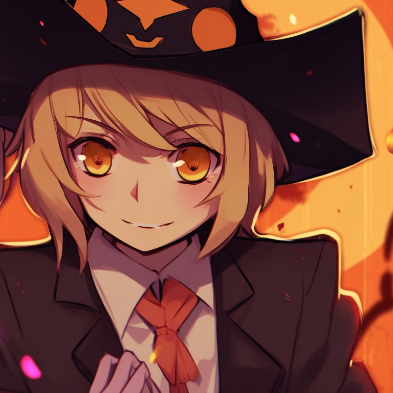 Denji and Power in Halloween-themed attire, dark color palette with pops of vibrant orange and purple. Denji as a vampire and Power as a witch. matching pfp halloween theme with denji and power pfp for discord.