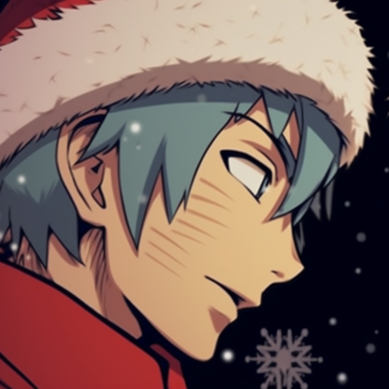 Naruto enjoying a bowl of ramen with Christmas decorations, comic style and bright colors. christmas naruto pfp match-up ideas pfp for discord.