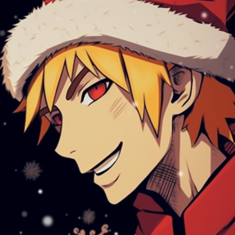 Naruto enjoying a bowl of ramen with Christmas decorations, comic style and bright colors. christmas naruto pfp match-up ideas pfp for discord.