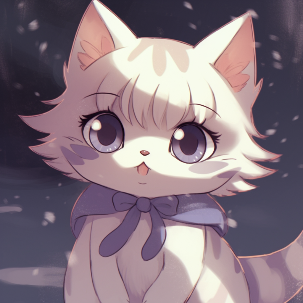 Anime cat enveloped in a chibi art style, showing exaggerated features and cute proportions. wondrous anime cat pfp