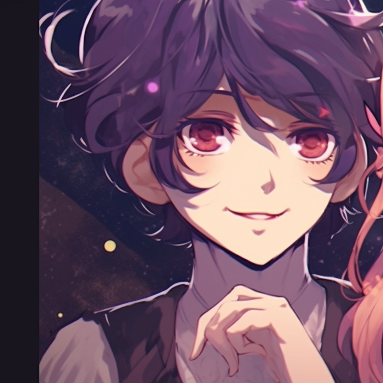 Two characters in twilight, muted tones and soft strokes. oshi no ko character-inspired halloween pfp pfp for discord.