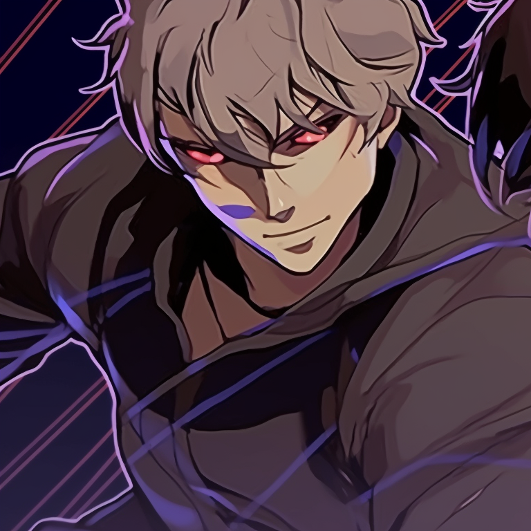 Two male characters facing each other, vibrant eyes connecting, sharp lines and contrasting colors. custom bl matching pfp pfp for discord.