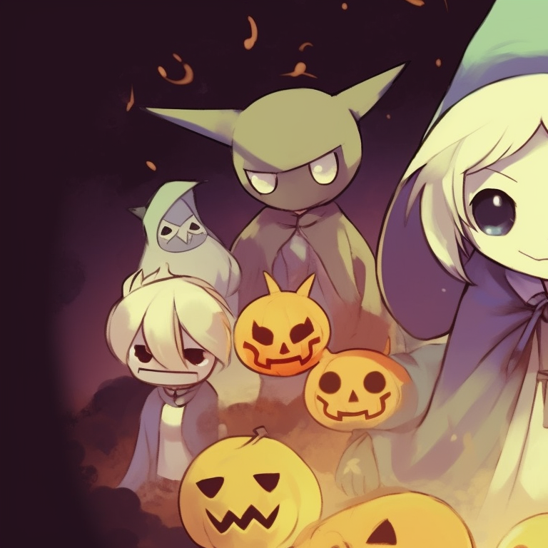 Three Pokemon ready for Trick-or-Treating, vivid shades of yellow, elements of fun. matching pokemon pfp halloween theme for friends pfp for discord.