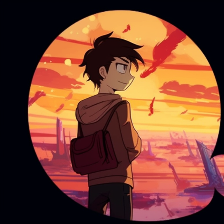 Two characters, interstellar background, radiant colors, heads leaned together. innovative cartoon matching pfp designs pfp for discord.