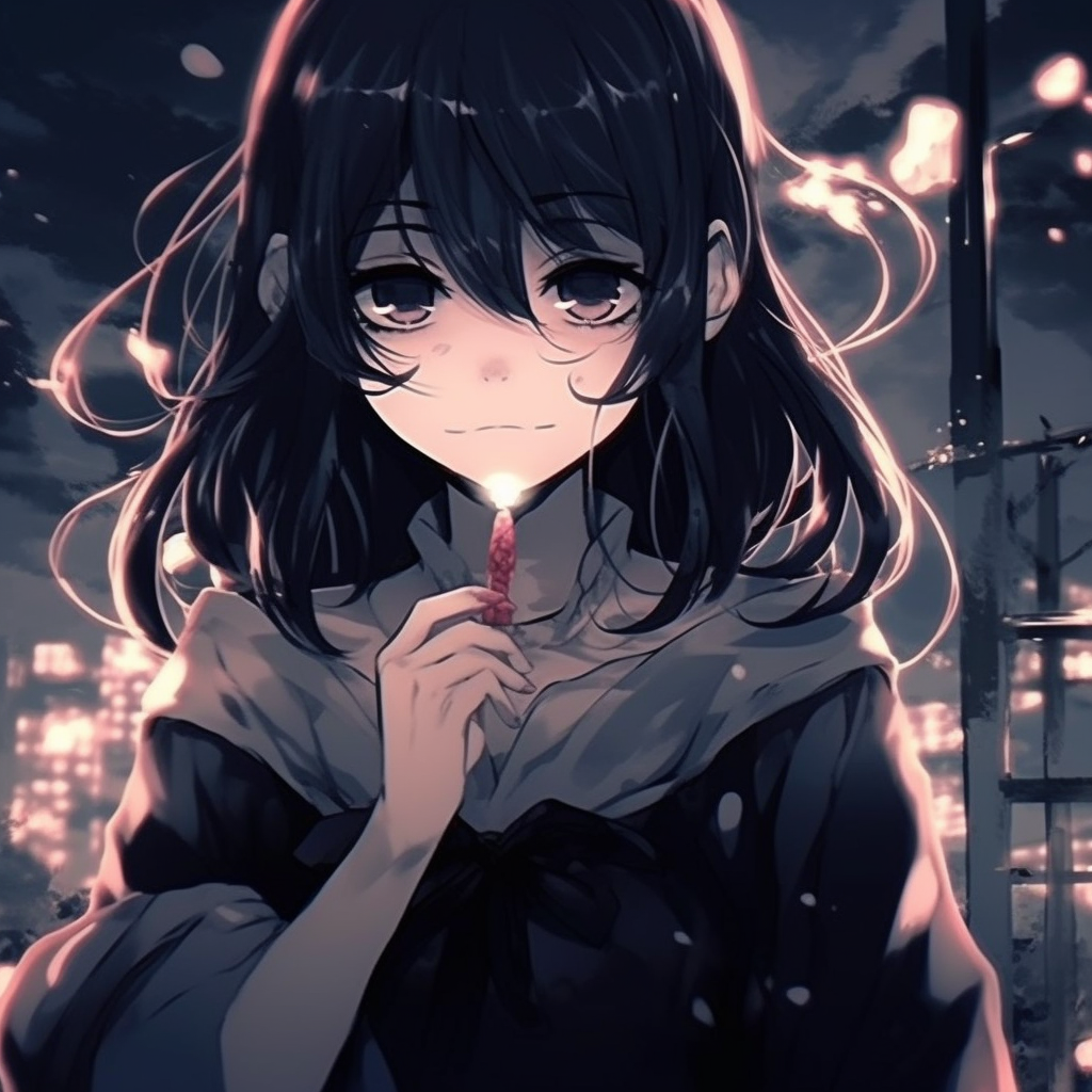 Gothic style anime girl, ornate details on her outfit and dark undertones. cute anime black pfp pfp for discord.