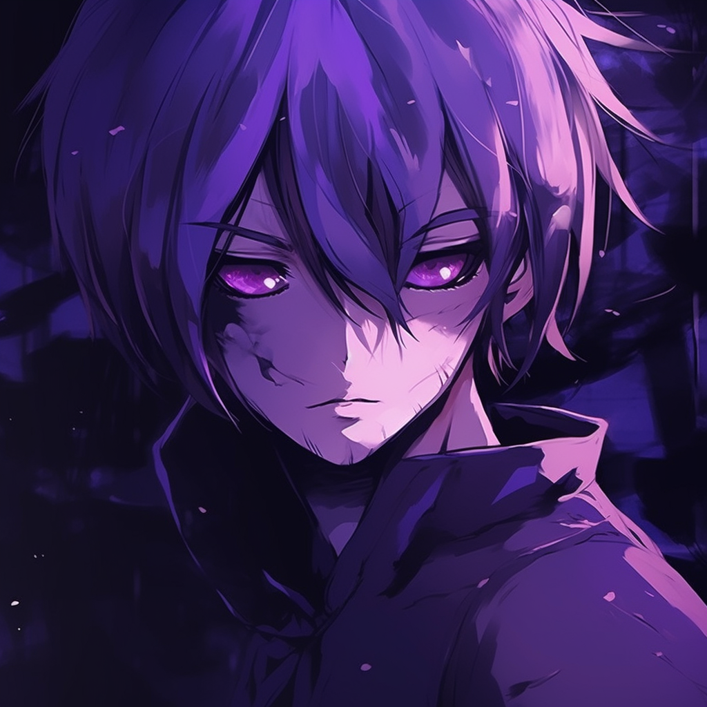 Sasuke Uchiha surrounded by a mysterious purple aura, detailed lines and contrasting hues. top-notch purple anime wallpapers