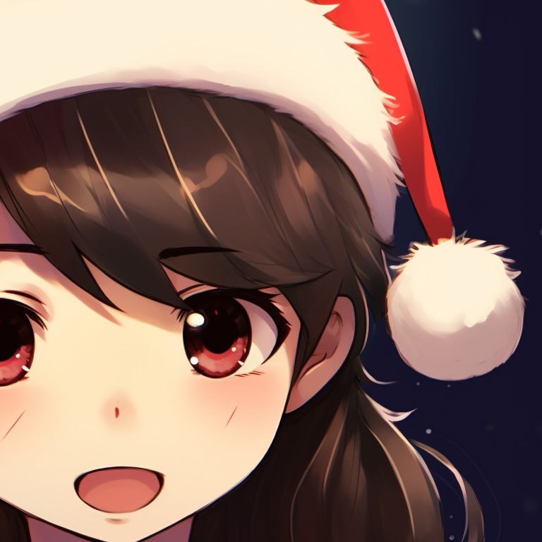 A pair of characters, intricate detailing on festive wear including hats, standing back-to-back in a winter backdrop. christmas themed matching hat kid pfp pfp for discord.