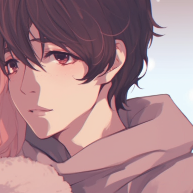 Close-up of two anime characters with violet and blue hair, sharing an intense gaze. anime aesthetic matching pfp couple pfp for discord.