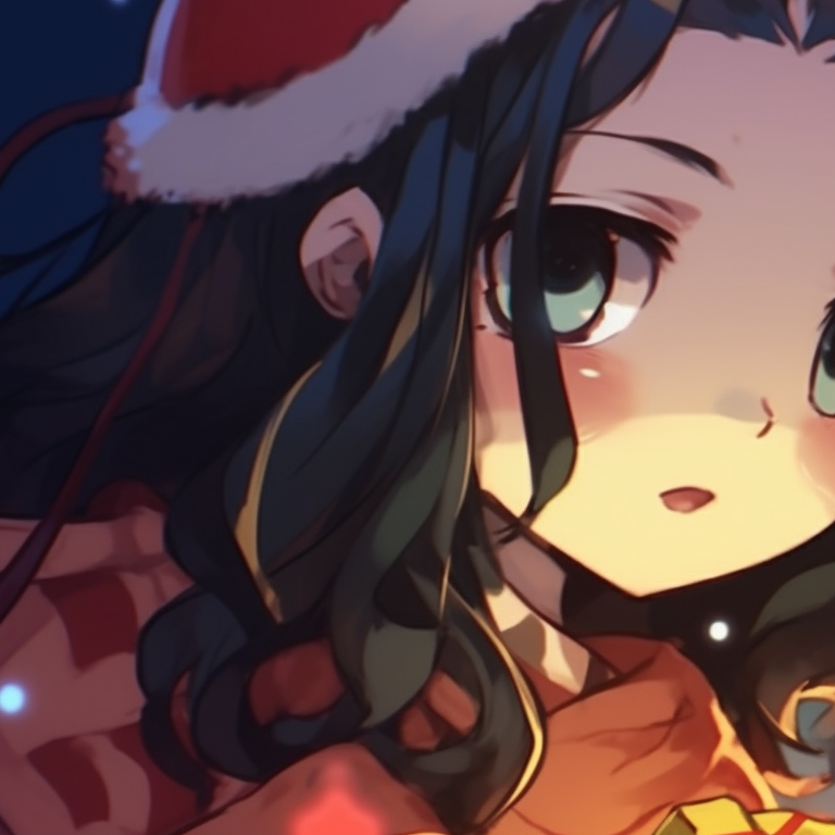 Two Demon Slayer characters, in holiday sweaters, sharing a holly branch. matching christmas demon slayer pfp characters pfp for discord.