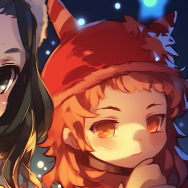 Two Demon Slayer characters, in holiday sweaters, sharing a holly branch. matching christmas demon slayer pfp characters pfp for discord.