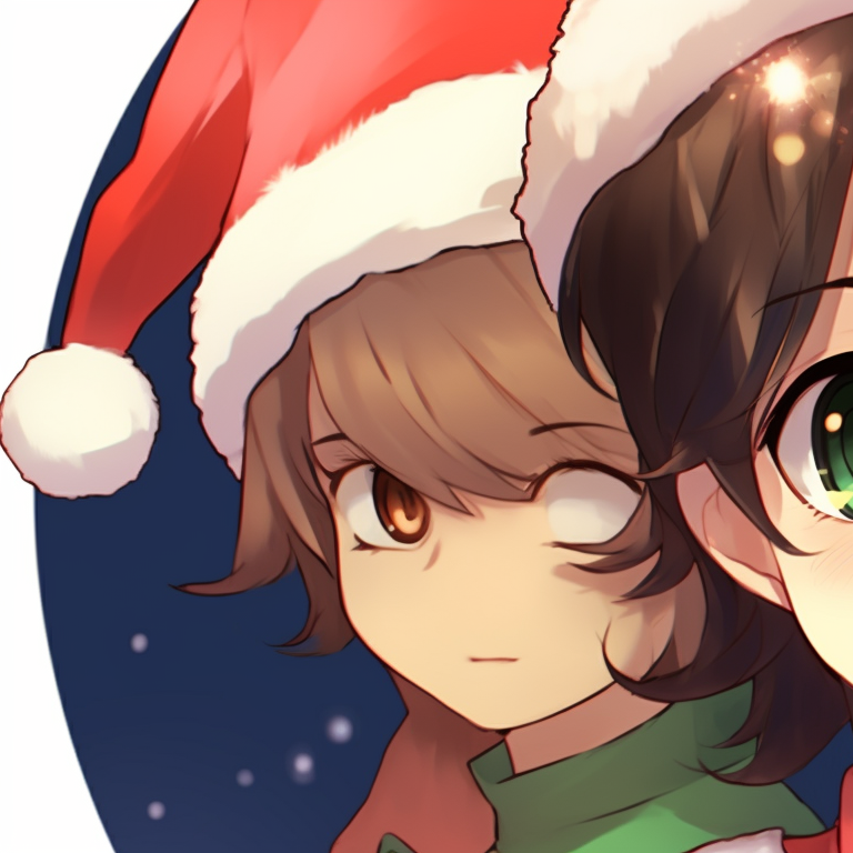 Two characters with mirror-like similarity, pastel palette and finely detailed hats, in symmetrical poses. christmas themed matching hat kid pfp pfp for discord.