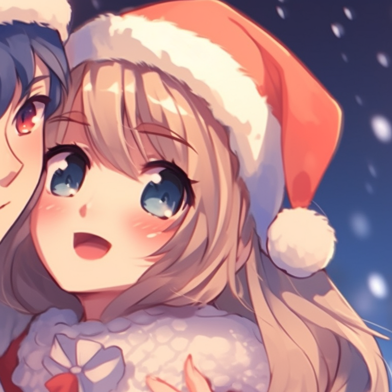 Two profile pictures, contrasting red and green hues, of characters adding decorations to a Christmas tree. matching cute christmas pfp for festive couples pfp for discord.