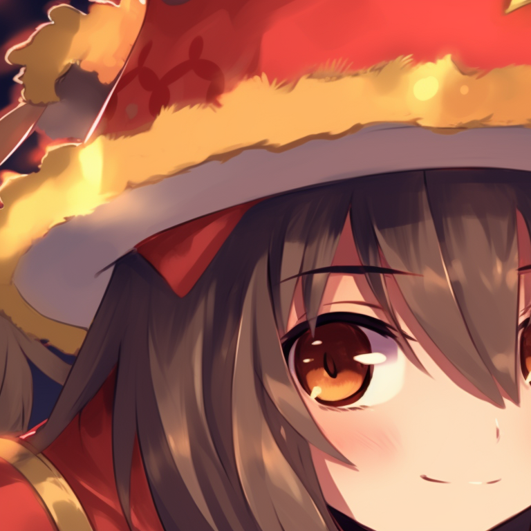 Megumin warmly hugging another character, surrounded by light Christmas snow. megumin christmas pfp collection pfp for discord.