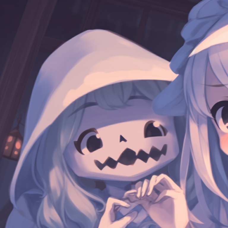 Two girls holding trick or treat candies, warm colors and intricate details on their witch costumes. halloween themed girl discord pfp matching theme pfp for discord.