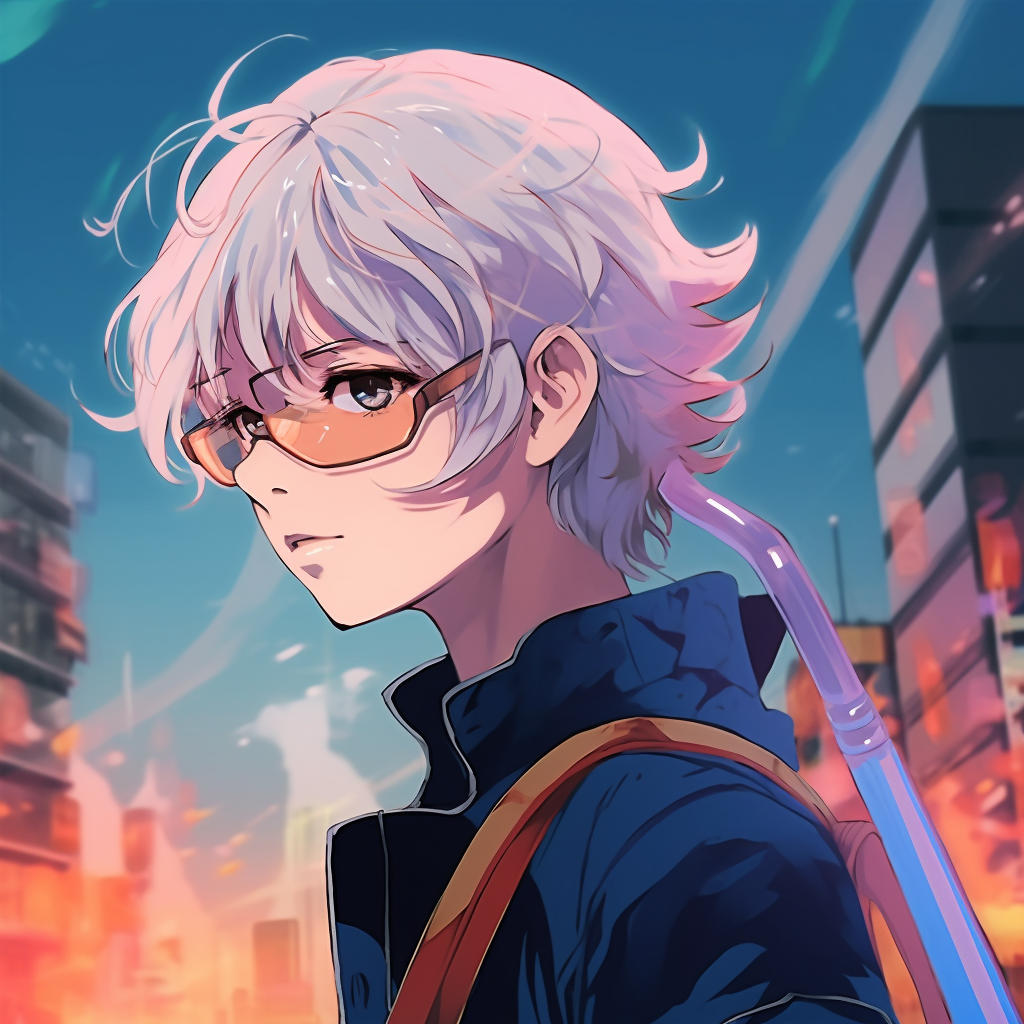 An anime skyline filled with neon-bright colors casting a contrast against the night sky. vibrant anime pfp cool pfp for discord.