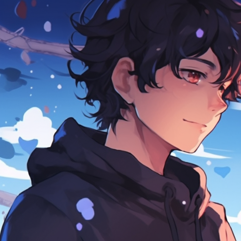 Two characters against a night sky with celestial bodies, deep hues and luminous details. classic matching anime pfp for couples pfp for discord.