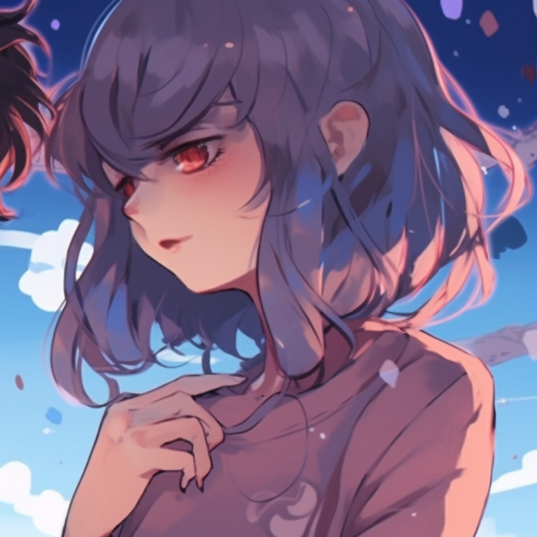 Two characters against a night sky with celestial bodies, deep hues and luminous details. classic matching anime pfp for couples pfp for discord.