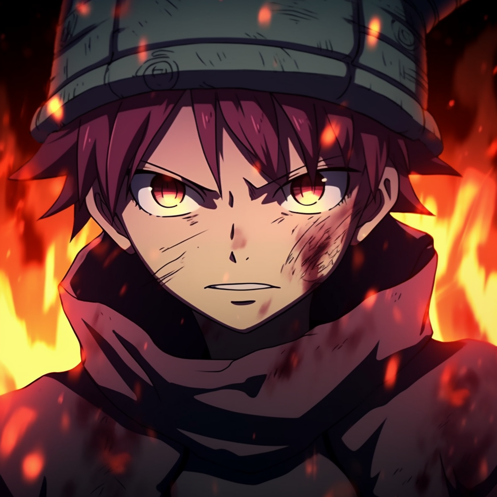 Natsu showing his fire-eating skills, bold outlines and bright, warm colors. adorable fire anime pfp