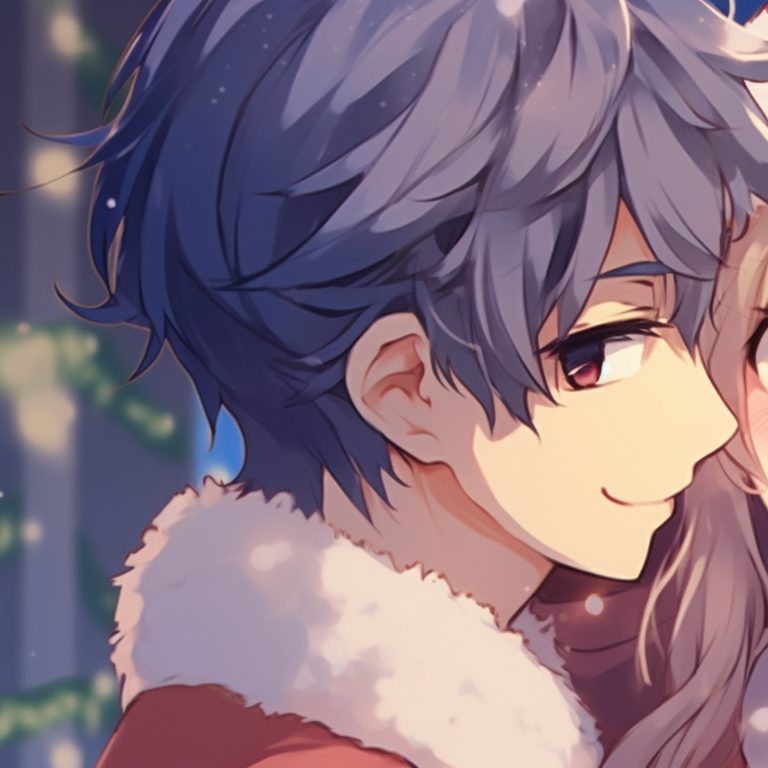 Two characters, clad in holiday sweaters, share a warm embrace; soft pastel tones predominate. matching cute christmas pfp for festive couples pfp for discord.