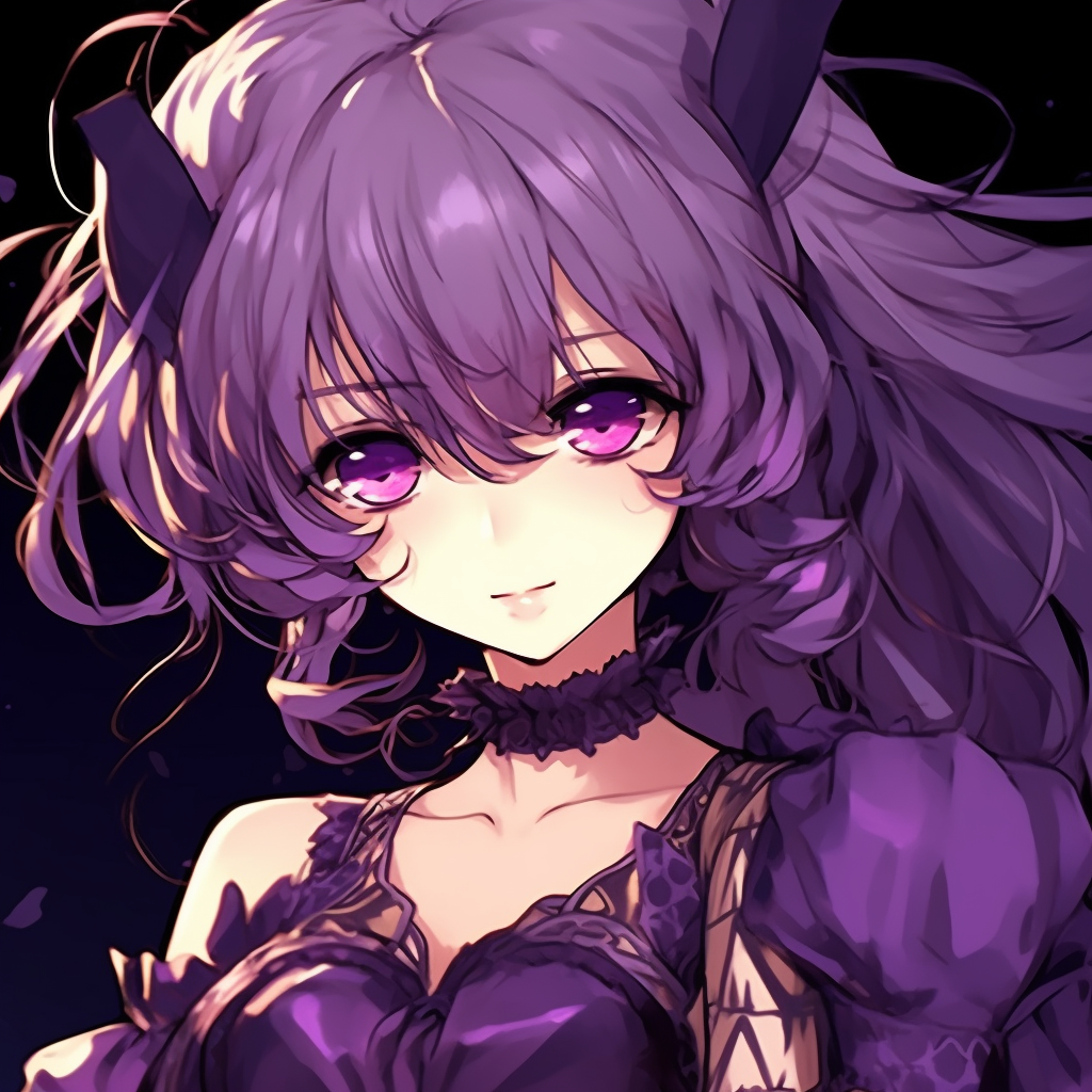 Shōjo style anime girl with purple accents, detailed frills and ribbons. purple anime character pfps pfp for discord.