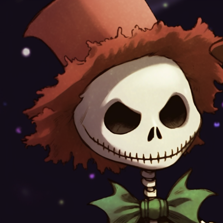 Two skeletons bathed in soft, cool night hues with snowflakes falling around them. skeleton themed matching christmas pfp pfp for discord.