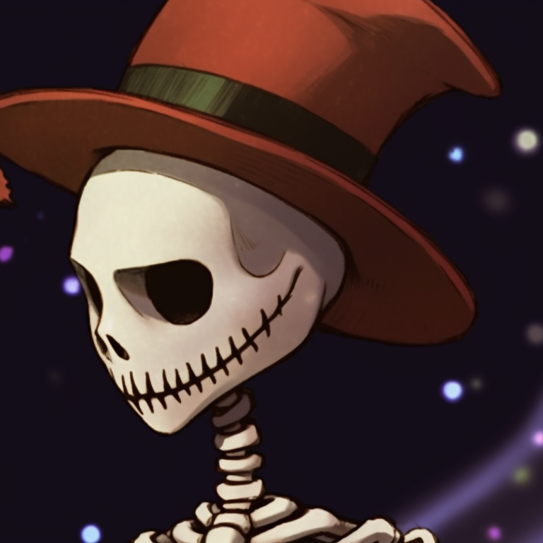 Two skeletons bathed in soft, cool night hues with snowflakes falling around them. skeleton themed matching christmas pfp pfp for discord.