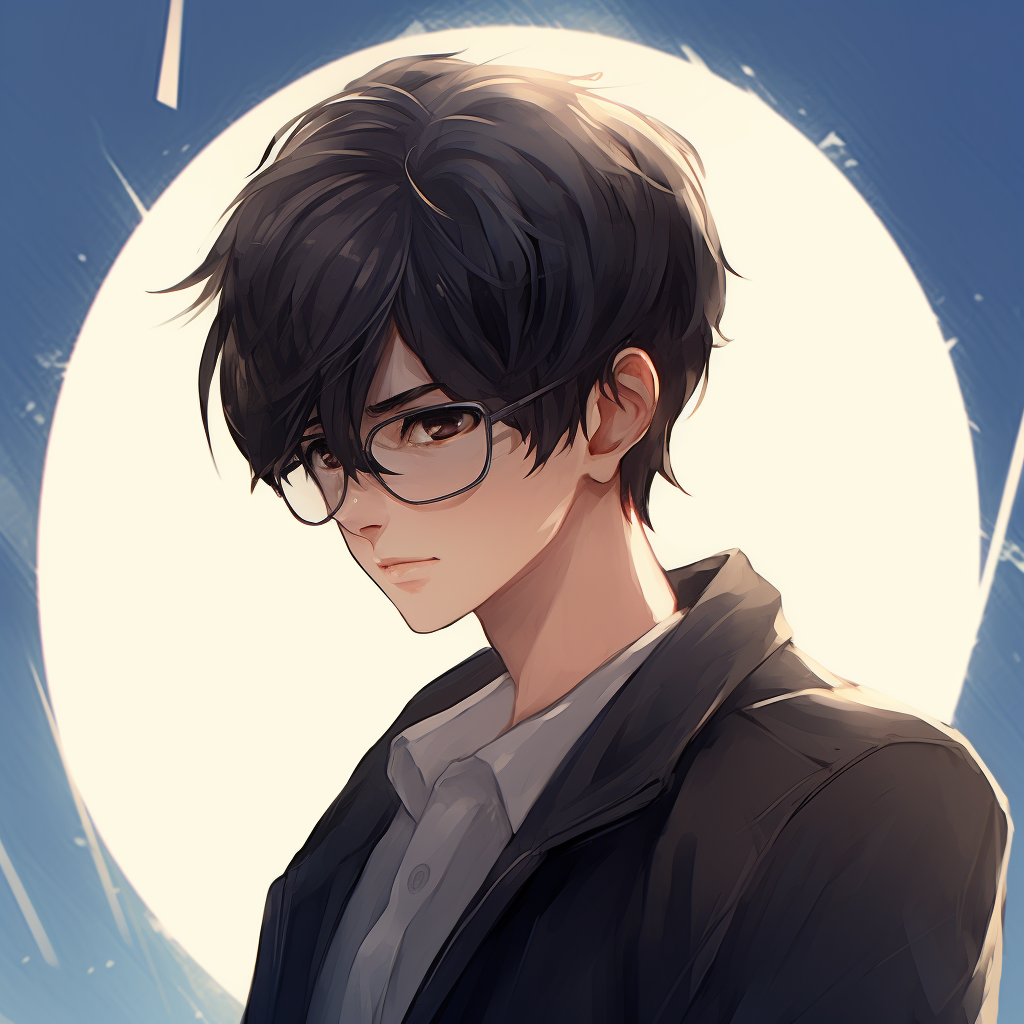 Anime male character wearing stylish glasses, with sharp lines and thoughtful expression. stylish anime male pfp pfp for discord.