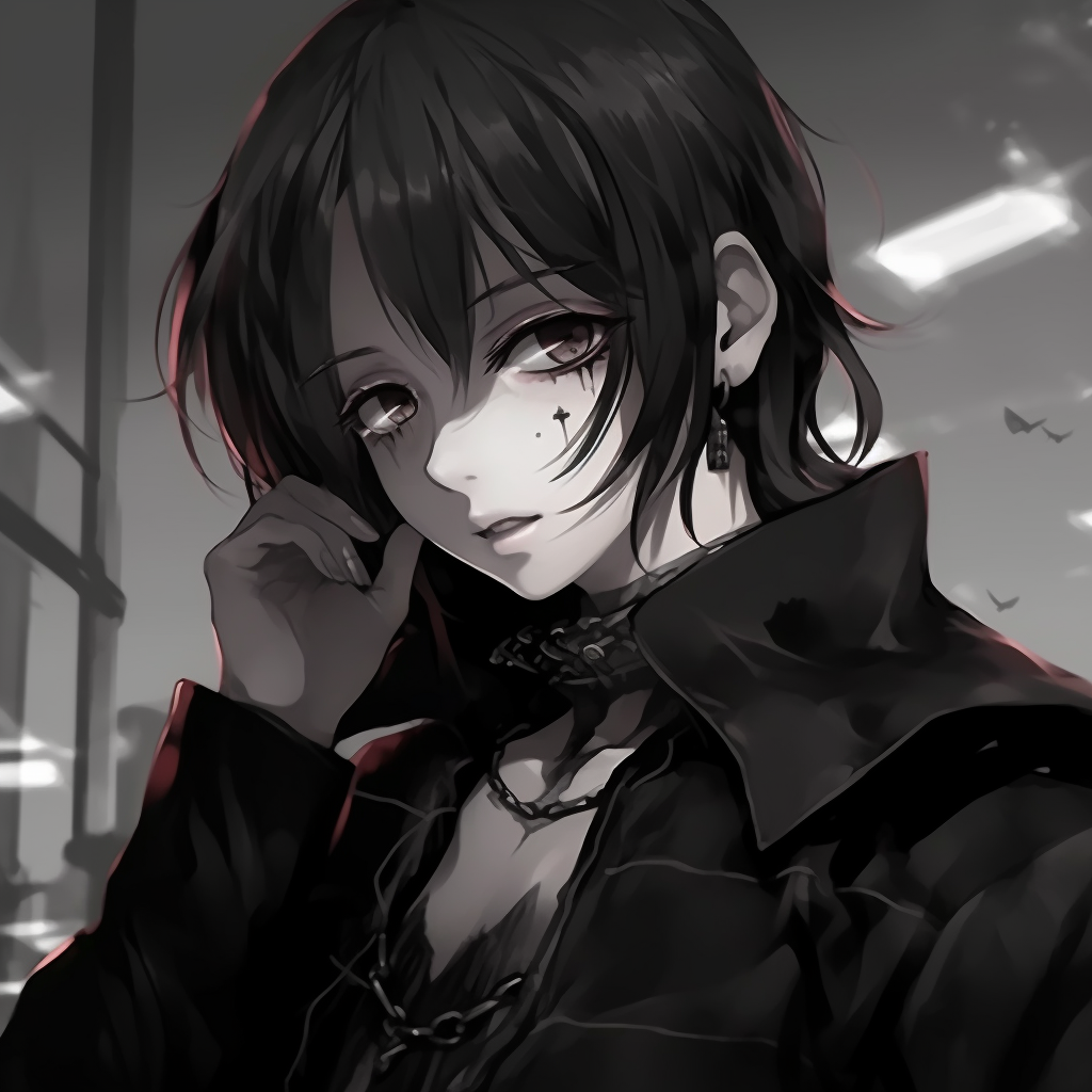 Portrait of a goth anime boy clad in a dark outfit, showcasing detailed accessories and expressive look. goth pfp for anime boys