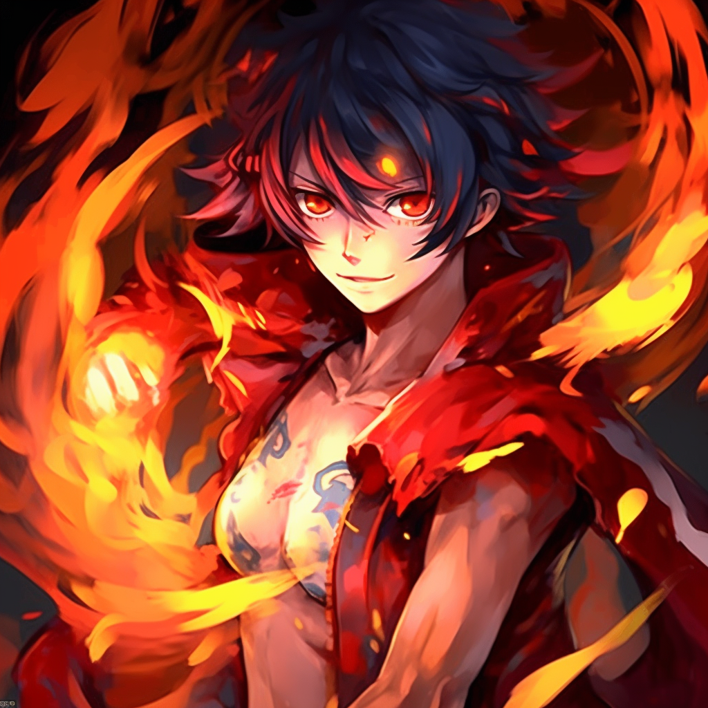 Detailed look at a fire-flailing anime character, emphasis on high contrast and warm hues. top fire anime pfp