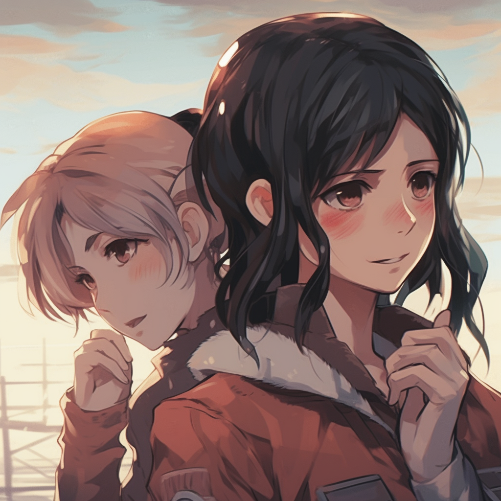 Eren and Mikasa, focusing on their faces and intricate shading and outlines. anime matching pfp for two friends: popular styles