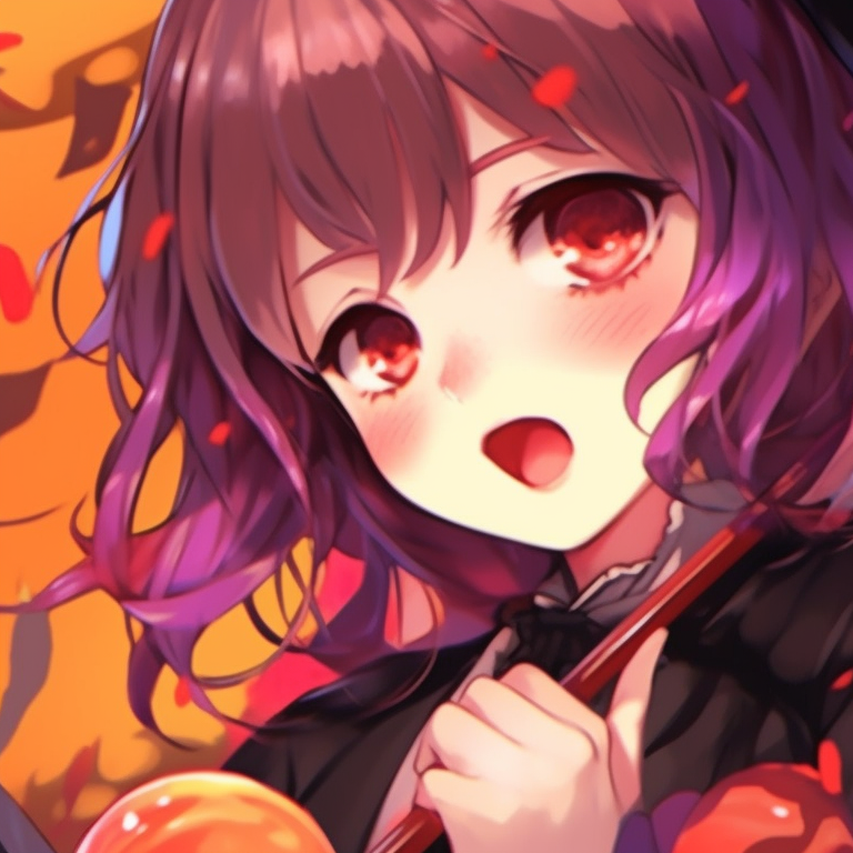 Two characters with candy and Halloween treats, vibrant colors and manga art style. pinterest ideas for matching couples pfp halloween theme pfp for discord.