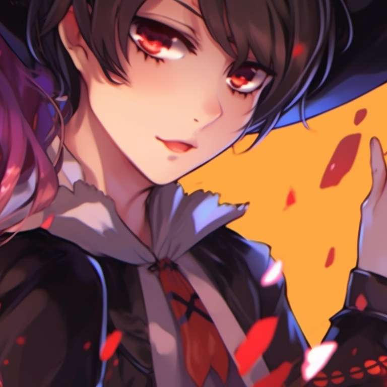Two characters with candy and Halloween treats, vibrant colors and manga art style. pinterest ideas for matching couples pfp halloween theme pfp for discord.