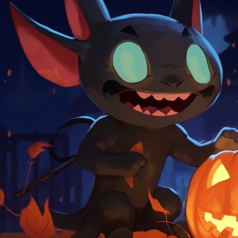 Lilo holding a pumpkin lantern and Stitch suspiciously dressed as a ghost, set against an eerie forest scenery. spooky lilo and stitch matching pfp pfp for discord.