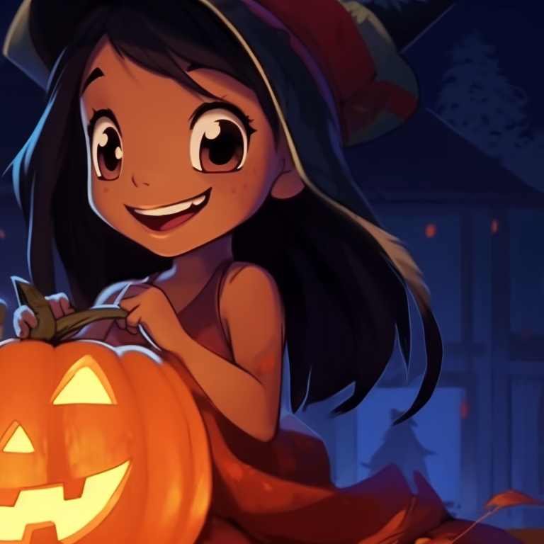 Lilo holding a pumpkin lantern and Stitch suspiciously dressed as a ghost, set against an eerie forest scenery. spooky lilo and stitch matching pfp pfp for discord.